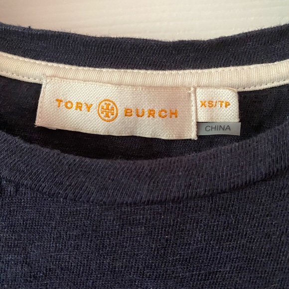 Tory Burch Navy Linen Embroidered T-Shirt - Picture 3 of 5